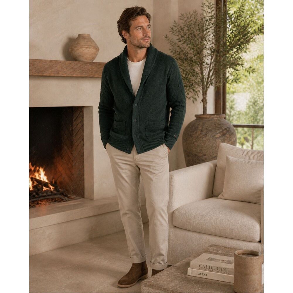 Tommy Hilfiger Mens Green Lambswool Ribbed Shawl Collar Cardigan Sweater Medium